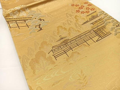 平和屋着物◎六通柄袋帯 流水風景花文 金糸 正絹 逸品 BAAT2748ea