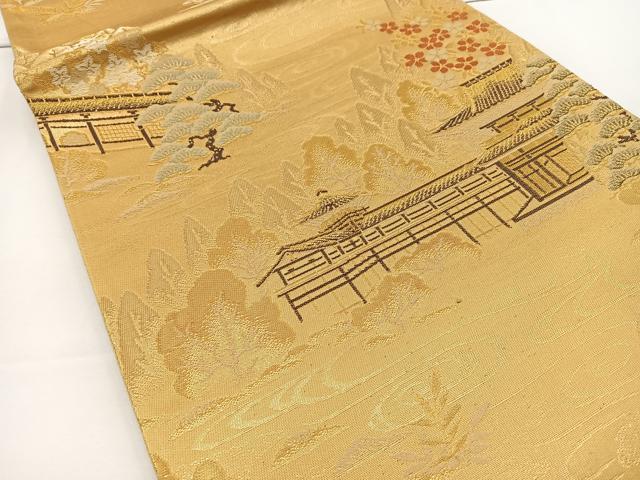 平和屋着物◎六通柄袋帯 流水風景花文 金糸 正絹 逸品 BAAT2748ea