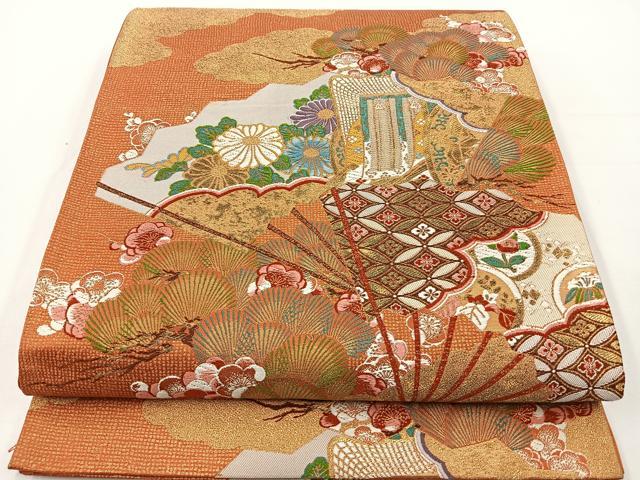 平和屋着物◎六通柄袋帯 唐織 福寿重扇 金糸 正絹 逸品 BAAT2763あea
