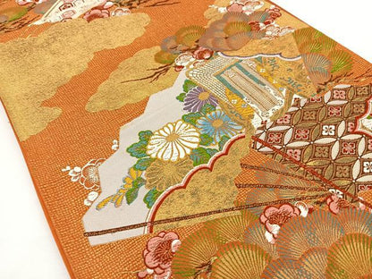 平和屋着物◎六通柄袋帯 唐織 福寿重扇 金糸 正絹 逸品 BAAT2763あea