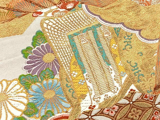 平和屋着物◎六通柄袋帯 唐織 福寿重扇 金糸 正絹 逸品 BAAT2763あea