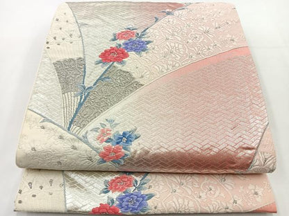 平和屋着物◎六通柄袋帯　唐織　草花文　銀糸　正絹　逸品　BAAT2768ea