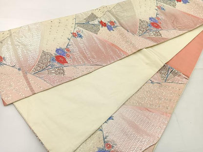平和屋着物◎六通柄袋帯　唐織　草花文　銀糸　正絹　逸品　BAAT2768ea