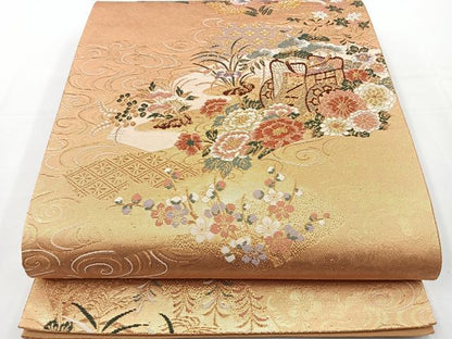 平和屋着物◎六通柄袋帯 唐織 御所車花鳥文 金糸 正絹 逸品 BAAT2773ea