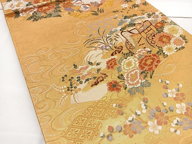 平和屋着物◎六通柄袋帯 唐織 御所車花鳥文 金糸 正絹 逸品 BAAT2773ea