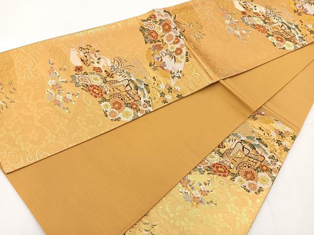平和屋着物◎六通柄袋帯 唐織 御所車花鳥文 金糸 正絹 逸品 BAAT2773ea
