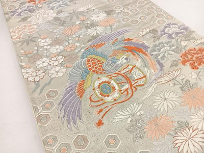 平和屋着物◎六通柄袋帯 唐織 鳳凰亀甲花文 金銀糸 正絹 逸品 BAAT2792ea