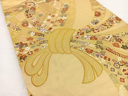 平和屋着物◎六通柄袋帯 唐織 束ね熨斗花鳥文 金糸 正絹 逸品 BAAT2796ea