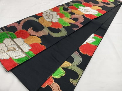 平和屋着物◎六通柄袋帯 草花文 黒地 金銀糸 正絹 逸品 BAAT2805mz