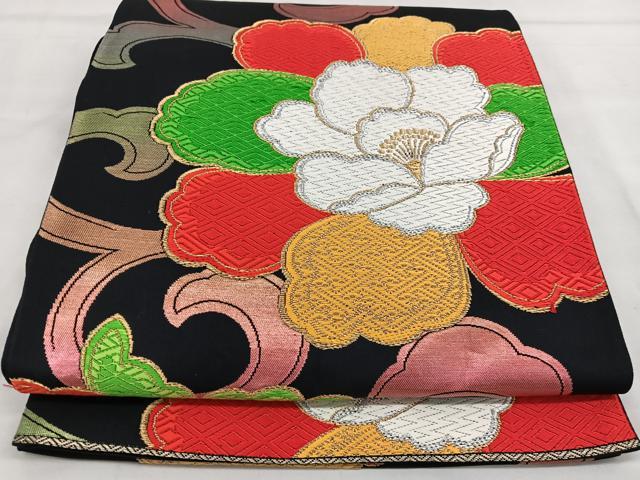 平和屋着物◎六通柄袋帯 草花文 黒地 金銀糸 正絹 逸品 BAAT2805mz