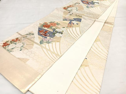 平和屋着物◎六通柄袋帯 唐織 扇面花鳥文 金糸 正絹 逸品 BAAT2831mz