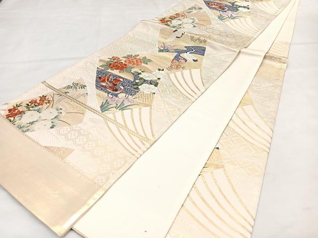 平和屋着物◎六通柄袋帯 唐織 扇面花鳥文 金糸 正絹 逸品 BAAT2831mz
