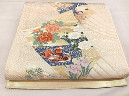 平和屋着物◎六通柄袋帯 唐織 扇面花鳥文 金糸 正絹 逸品 BAAT2831mz