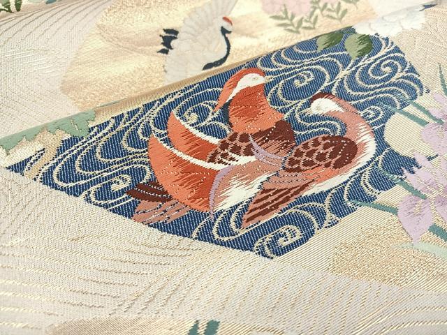 平和屋着物◎六通柄袋帯 唐織 扇面花鳥文 金糸 正絹 逸品 BAAT2831mz