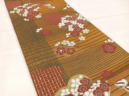 平和屋着物◎六通柄袋帯 梅花文 金糸 正絹 逸品 BAAT2832mz