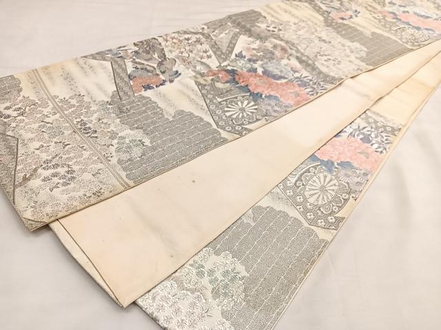 平和屋着物◎六通柄袋帯 唐織 プラチナ箔 桃山屏風絵文 銀糸 正絹 逸品 BAAT2902mz