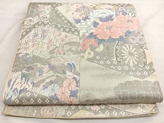 平和屋着物◎六通柄袋帯 唐織 プラチナ箔 桃山屏風絵文 銀糸