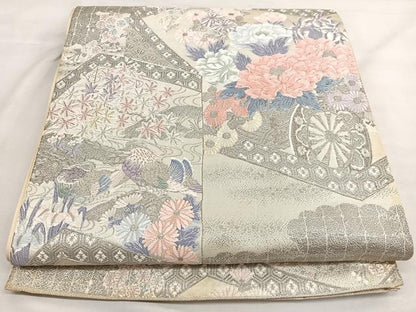 平和屋着物◎六通柄袋帯 唐織 プラチナ箔 桃山屏風絵文 銀糸 正絹 逸品 BAAT2902mz