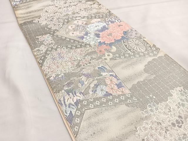 平和屋着物◎六通柄袋帯 唐織 プラチナ箔 桃山屏風絵文 銀糸 正絹 逸品 BAAT2902mz