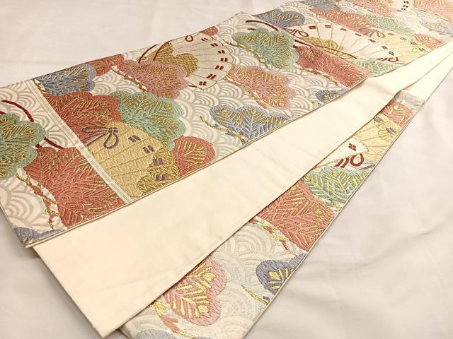 セール♪両面柄　六通柄袋帯　菊青海波文　洒落帯着物 平和屋着物◎六通柄袋帯 唐織 檜扇松青海波 金糸 正絹
