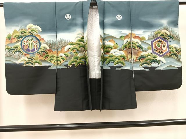 平和屋着物[]七五三　男の子　羽織　鷹　黒地　金彩　洗える着物　BAAT2954mz