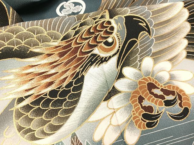 平和屋着物[]七五三　男の子　羽織　鷹　黒地　金彩　洗える着物　BAAT2954mz