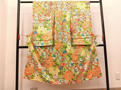 平和屋着物[]七五三　女の子　７歳　祝着　四つ身　牡丹花文　逸品　BAAT2956mz