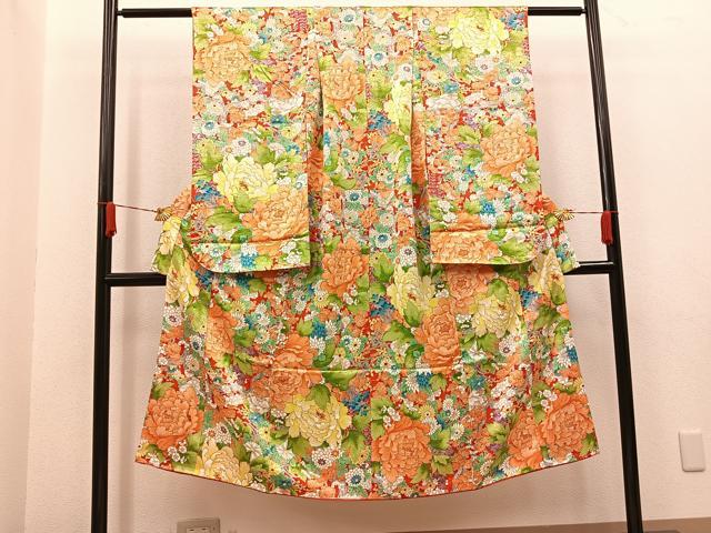 平和屋着物[]七五三　女の子　７歳　祝着　四つ身　牡丹花文　逸品　BAAT2956mz