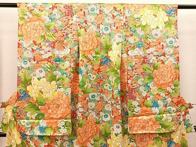 平和屋着物[]七五三　女の子　７歳　祝着　四つ身　牡丹花文　逸品　BAAT2956mz