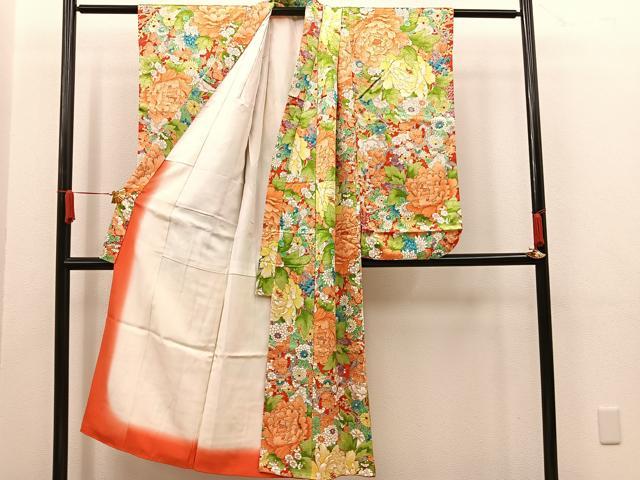平和屋着物[]七五三　女の子　７歳　祝着　四つ身　牡丹花文　逸品　BAAT2956mz
