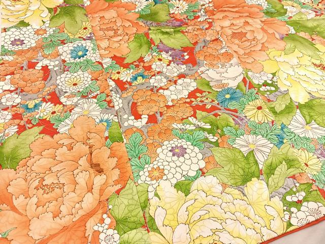 平和屋着物[]七五三　女の子　７歳　祝着　四つ身　牡丹花文　逸品　BAAT2956mz