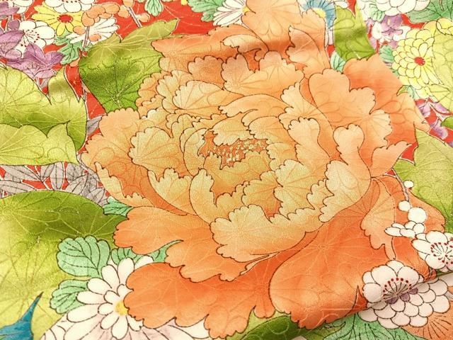 平和屋着物[]七五三　女の子　７歳　祝着　四つ身　牡丹花文　逸品　BAAT2956mz