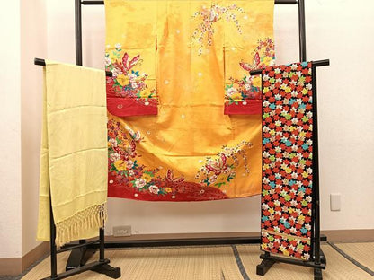 平和屋着物[]七五三　女の子　７歳　祝着　四つ身　袋帯・小物セット　花蝶文　金彩　逸品　BAAT2959mz