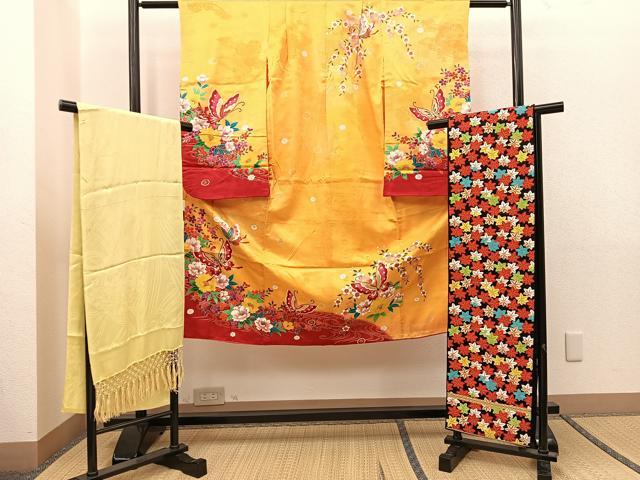 平和屋着物[]七五三　女の子　７歳　祝着　四つ身　袋帯・小物セット　花蝶文　金彩　逸品　BAAT2959mz