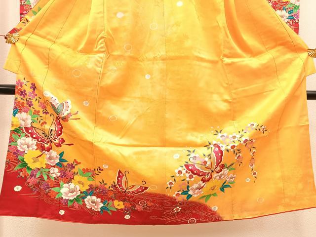 平和屋着物[]七五三　女の子　７歳　祝着　四つ身　袋帯・小物セット　花蝶文　金彩　逸品　BAAT2959mz