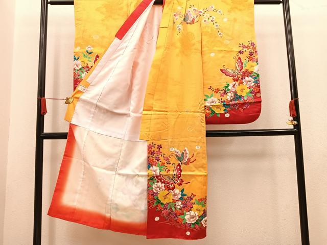 平和屋着物[]七五三　女の子　７歳　祝着　四つ身　袋帯・小物セット　花蝶文　金彩　逸品　BAAT2959mz