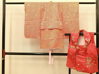 平和屋着物[]七五三　女の子　３歳　祝着　三つ身　被布セット　舞蝶文　逸品　BAAT2966mz