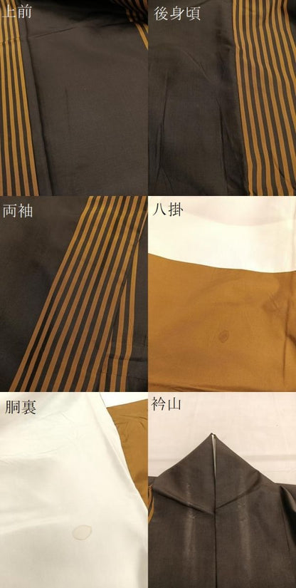 平和屋着物●本場黄八丈 黒八丈 平織 縞 黒地 正絹 逸品 BAAT3185hv