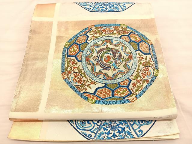 平和屋着物◎六通柄袋帯　唐織　花絵皿　金糸　引箔　正絹　逸品　BAAT3205du