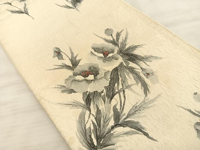平和屋着物◎六通柄袋帯　作家物：清峰　手描き　草花文　ふくれ織り　正絹　逸品　BAAT3210du