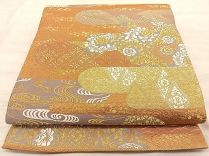 平和屋着物◎六通柄袋帯 唐織 エ霞草花文 金糸 正絹 逸品 BAAT3216du