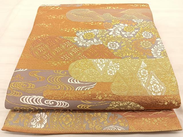 平和屋着物◎六通柄袋帯 唐織 エ霞草花文 金糸 正絹 逸品 BAAT3216du