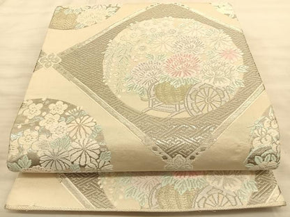 平和屋着物◎六通柄袋帯　唐織　菱取花車文　金銀糸　正絹　逸品　BAAT3221du