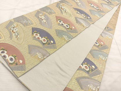 平和屋着物◎六通柄袋帯 光悦 地紙草花文 金糸 正絹 逸品 BAAT3227du