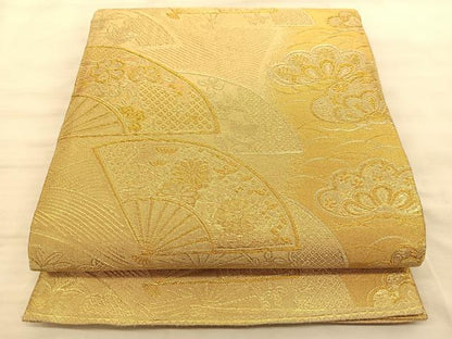 平和屋着物◎六通柄袋帯 扇面草花文 金糸 正絹 逸品 BAAT3235du
