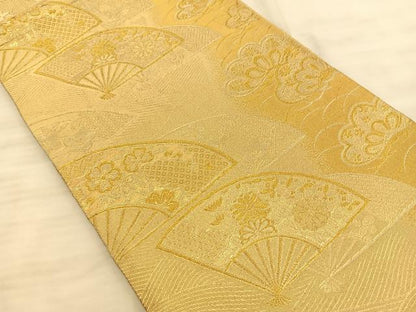 平和屋着物◎六通柄袋帯 扇面草花文 金糸 正絹 逸品 BAAT3235du