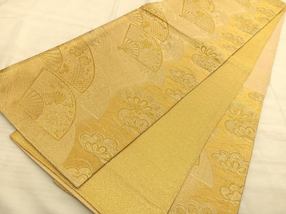 平和屋着物◎六通柄袋帯 扇面草花文 金糸 正絹 逸品 BAAT3235du