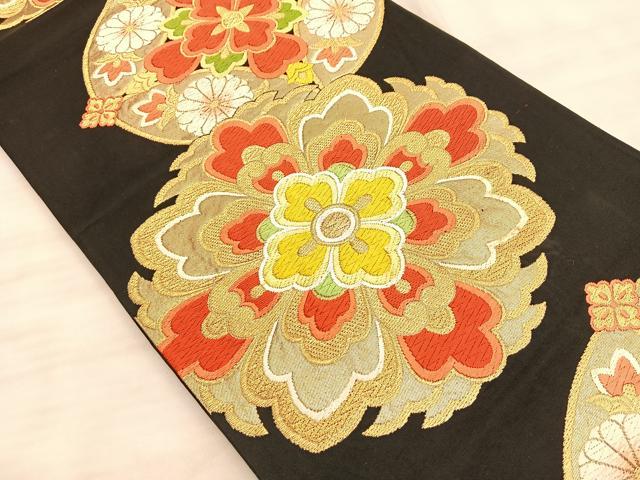 平和屋着物◎六通柄袋帯 唐織 宝相華 黒字 金銀糸 正絹 逸品 BAAT3246du
