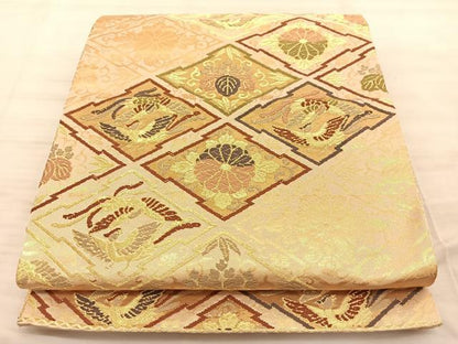 平和屋着物◎全通柄袋帯　鳳凰草花文　金糸　正絹　逸品　BAAT3365du