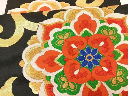 平和屋着物◎六通柄袋帯 唐織 花唐草文 黒地 金糸 正絹 逸品 BAAT3417ui